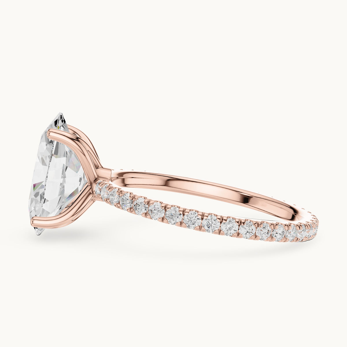 Oval lab-grown diamond pavé band solitaire engagement ring in rose gold, 2.944 CT TW, view 3