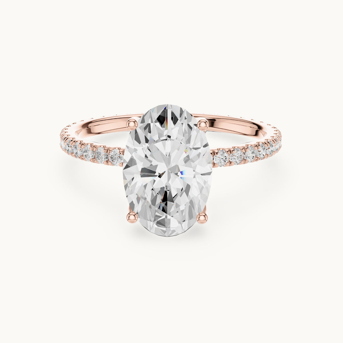 Oval lab-grown diamond pavé band solitaire engagement ring in rose gold, 2.944 CT TW, view 4