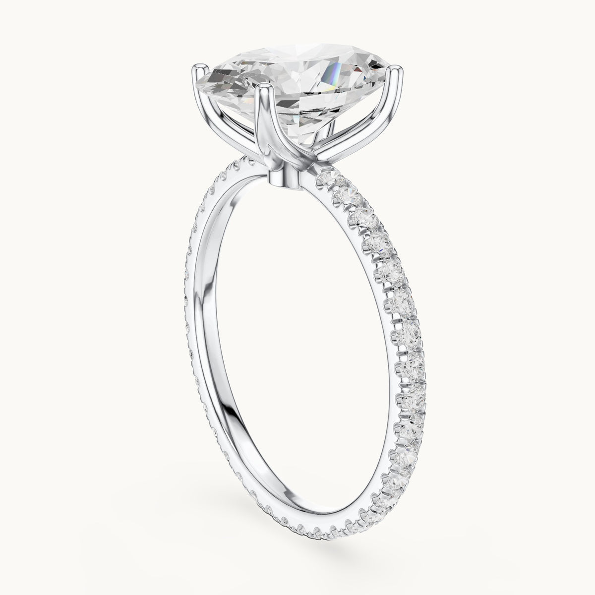 Oval lab-grown diamond pavé band solitaire engagement ring in white gold, 2.944 CT TW, view 1