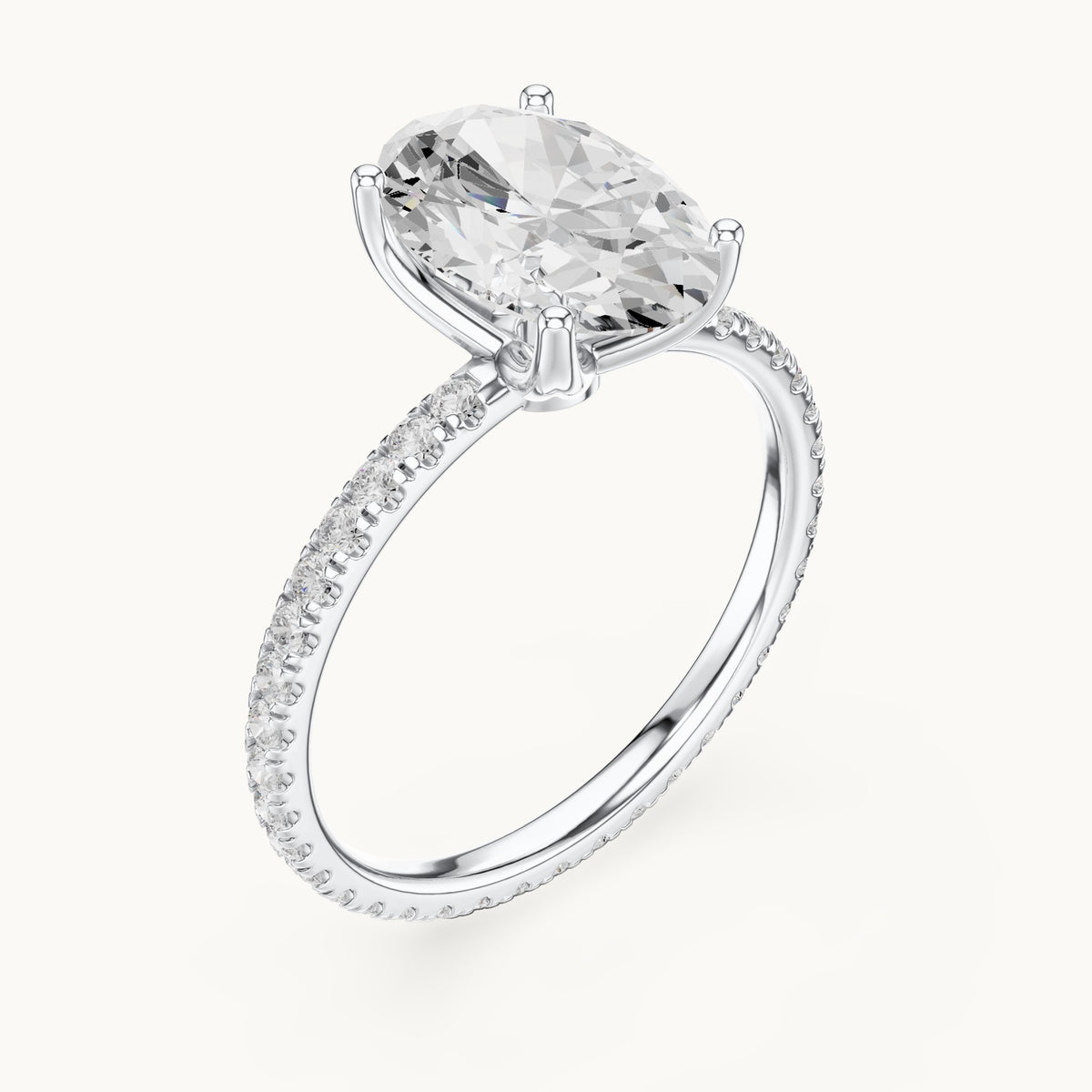Oval lab-grown diamond pavé band solitaire engagement ring in white gold, 2.944 CT TW, view 2