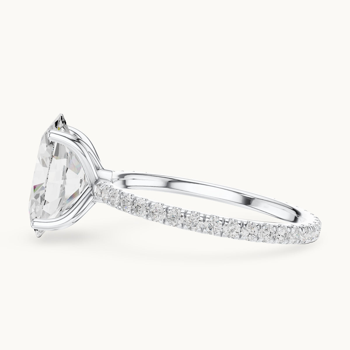 Oval lab-grown diamond pavé band solitaire engagement ring in white gold, 2.944 CT TW, view 3