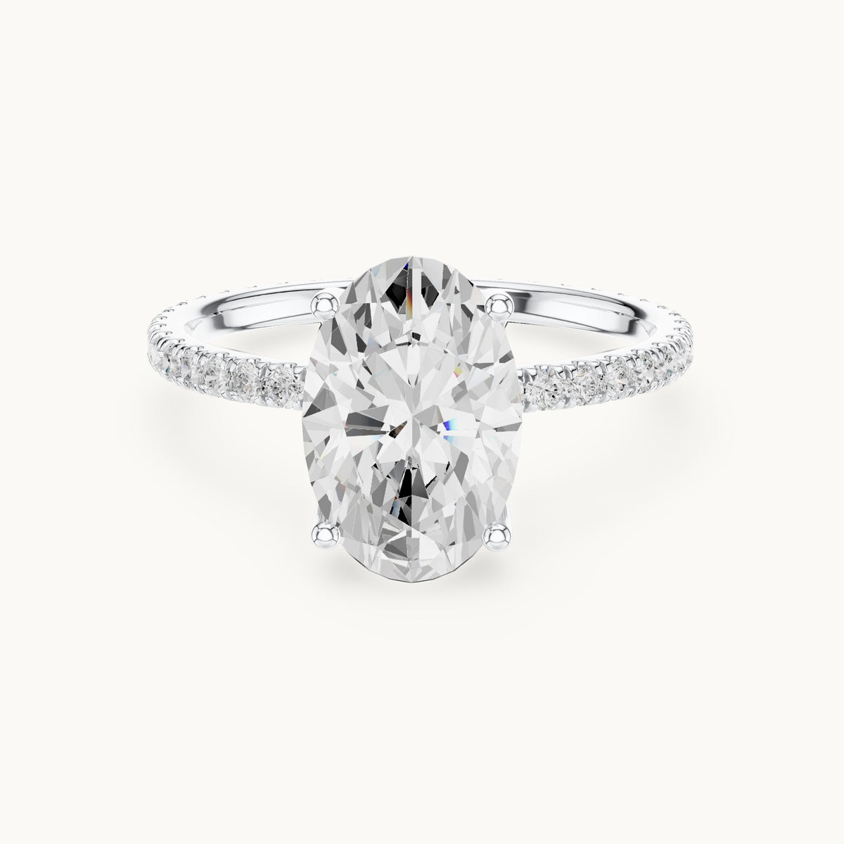 Oval lab-grown diamond pavé band solitaire engagement ring in white gold, 2.944 CT TW, view 4
