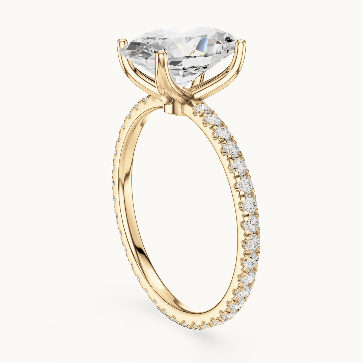 Oval lab-grown diamond pavé band solitaire engagement ring in yellow gold, 2.944 CT TW, view 1