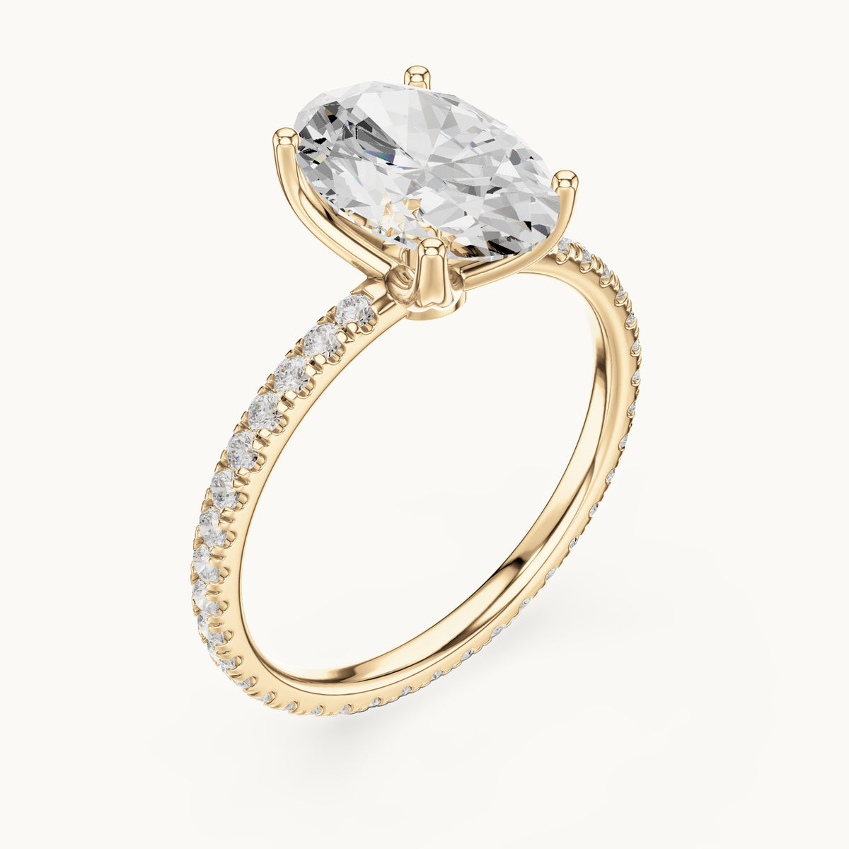 Oval lab-grown diamond pavé band solitaire engagement ring in yellow gold, 2.944 CT TW, view 2
