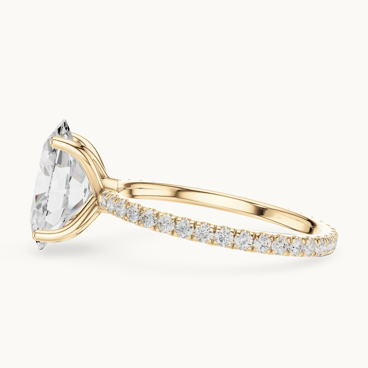 Oval lab-grown diamond pavé band solitaire engagement ring in yellow gold, 2.944 CT TW, view 3