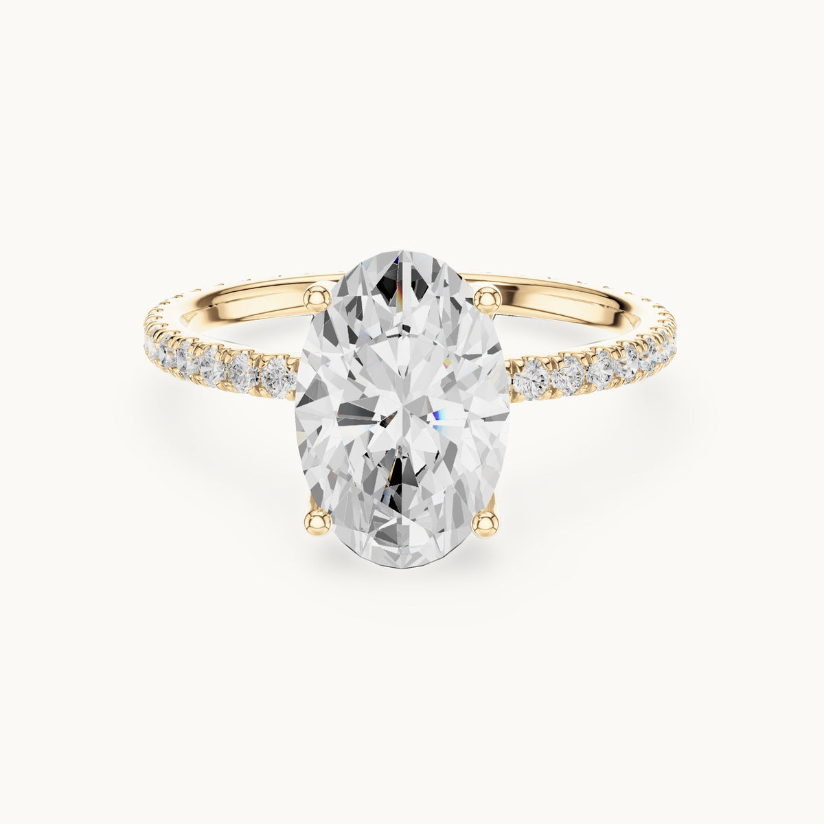 Oval lab-grown diamond pavé band solitaire engagement ring in yellow gold, 2.944 CT TW, view 4