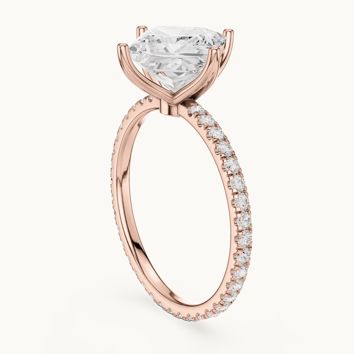Princess-cut lab-grown diamond pavé band solitaire engagement ring in rose gold, 2.944 CT TW, view 1