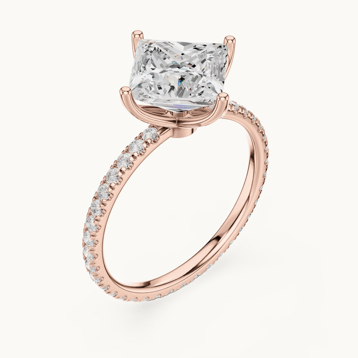Princess-cut lab-grown diamond pavé band solitaire engagement ring in rose gold, 2.944 CT TW, view 2