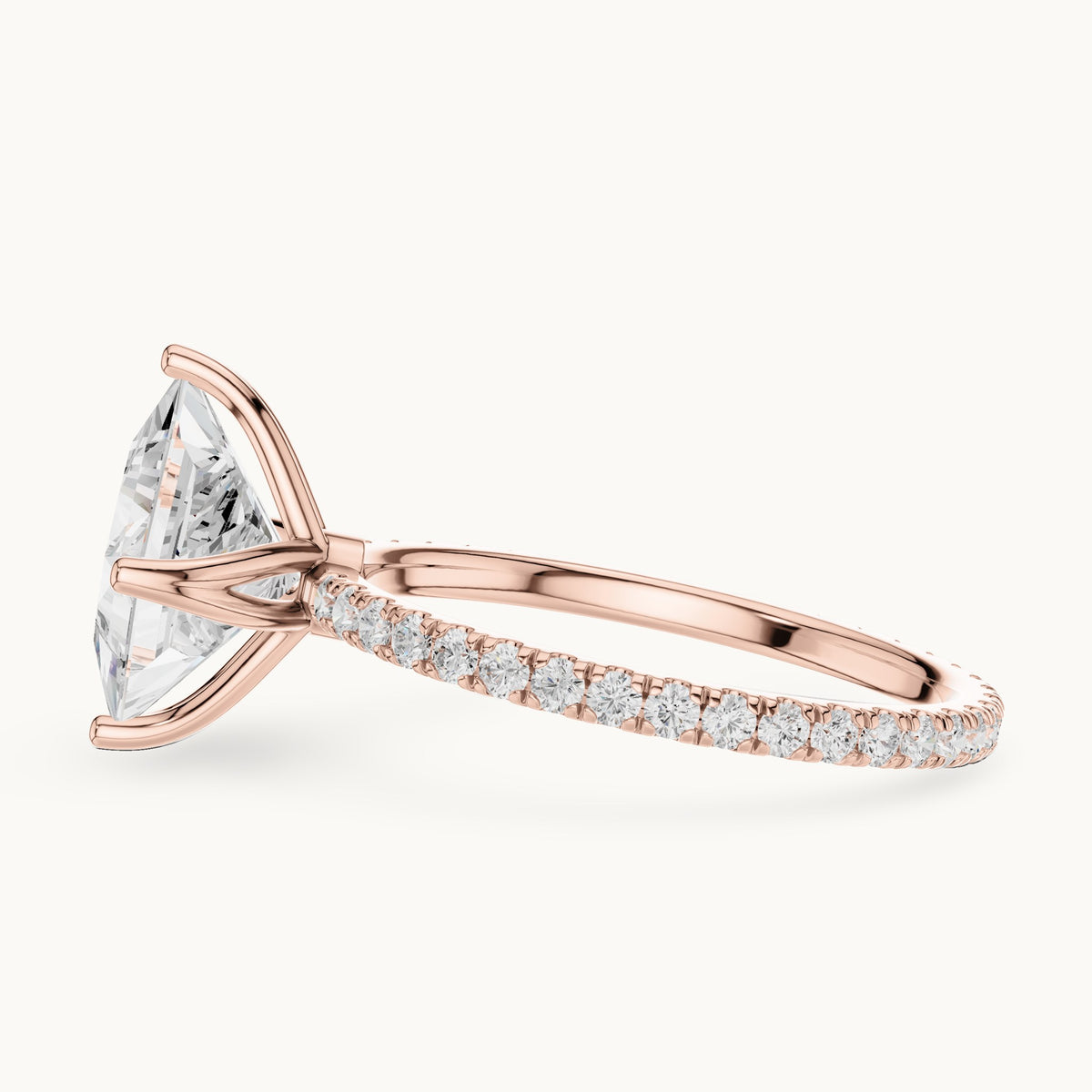 Princess-cut lab-grown diamond pavé band solitaire engagement ring in rose gold, 2.944 CT TW, view 3