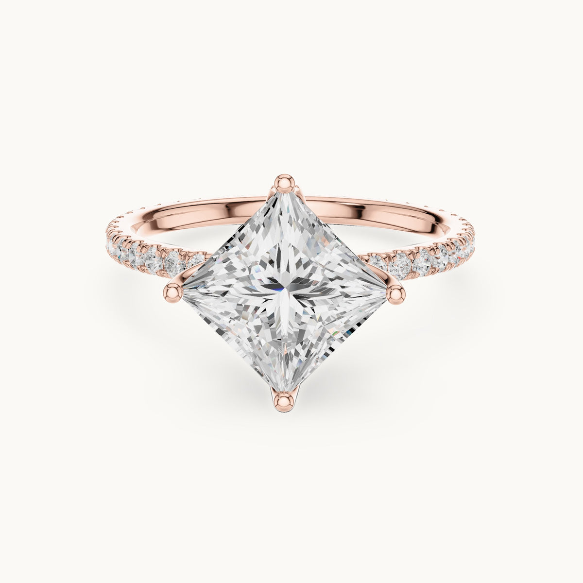 Princess-cut lab-grown diamond pavé band solitaire engagement ring in rose gold, 2.944 CT TW, view 4