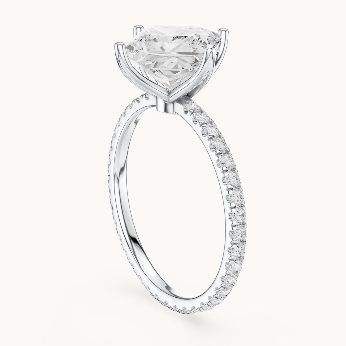 Princess-cut lab-grown diamond pavé band solitaire engagement ring in white gold, 2.944 CT TW, view 1