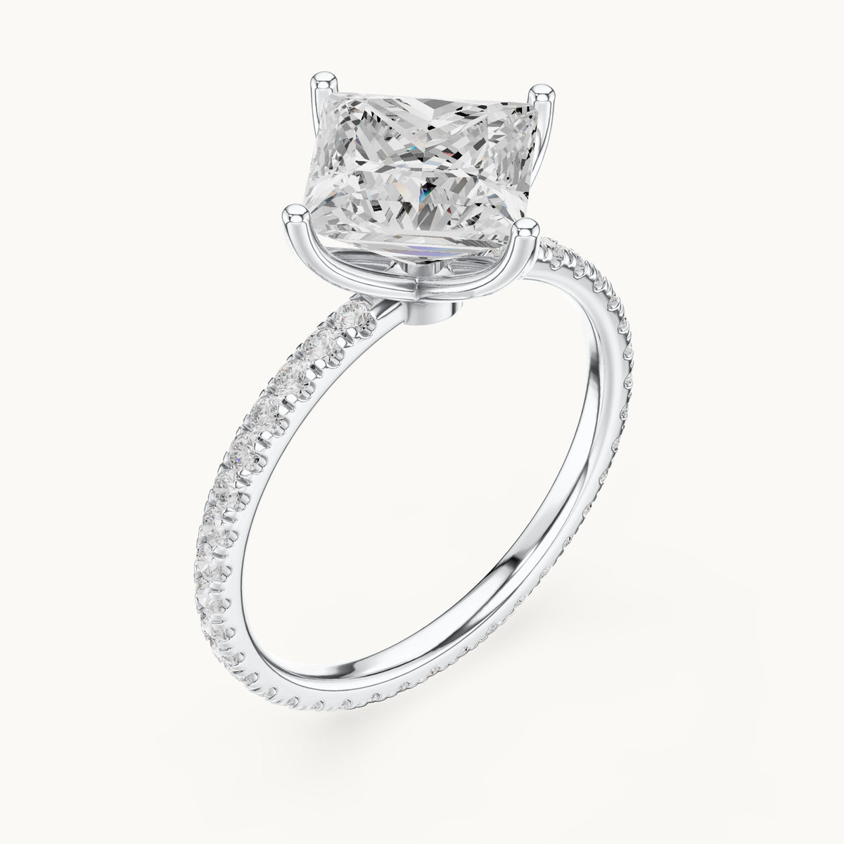 Princess-cut lab-grown diamond pavé band solitaire engagement ring in white gold, 2.944 CT TW, view 2