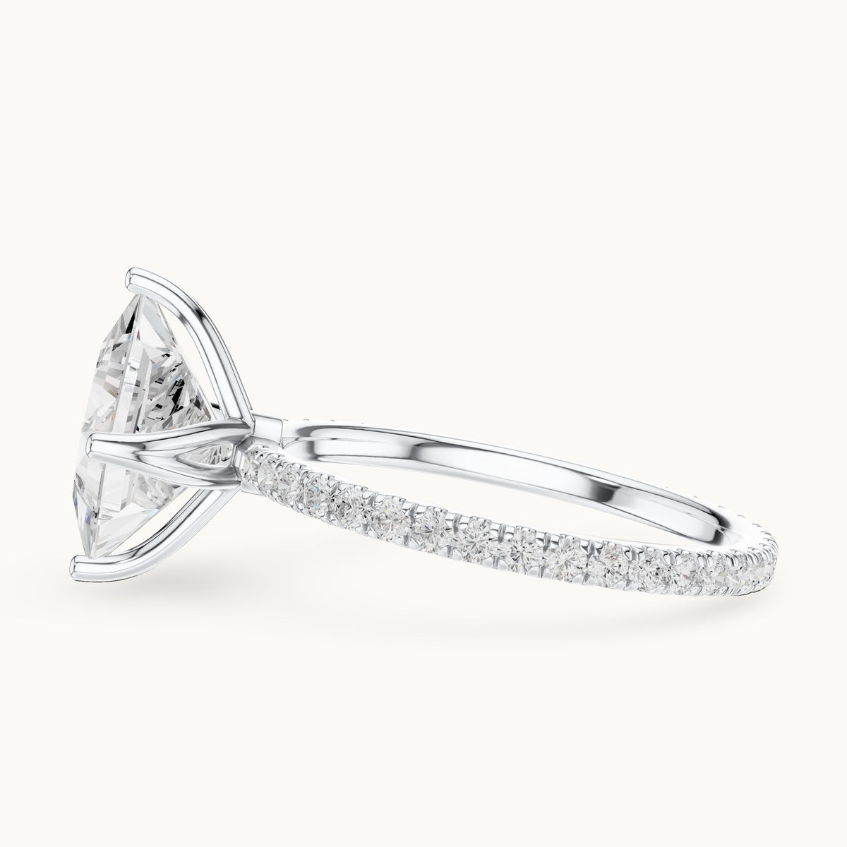 Princess-cut lab-grown diamond pavé band solitaire engagement ring in white gold, 2.944 CT TW, view 3