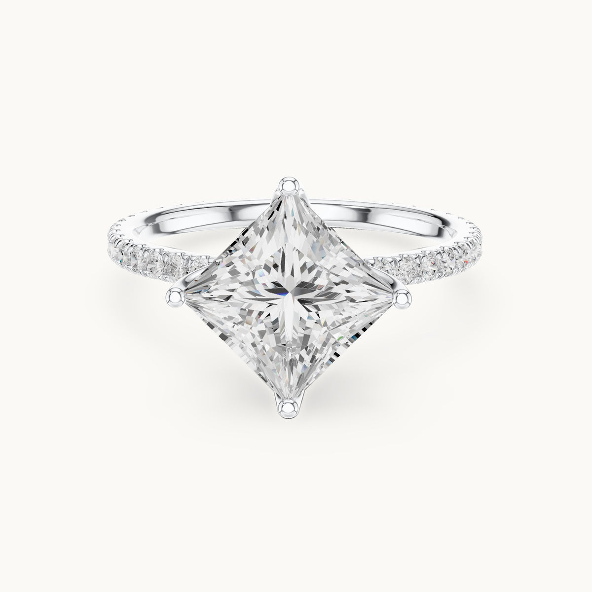 Princess-cut lab-grown diamond pavé band solitaire engagement ring in white gold, 2.944 CT TW, view 4