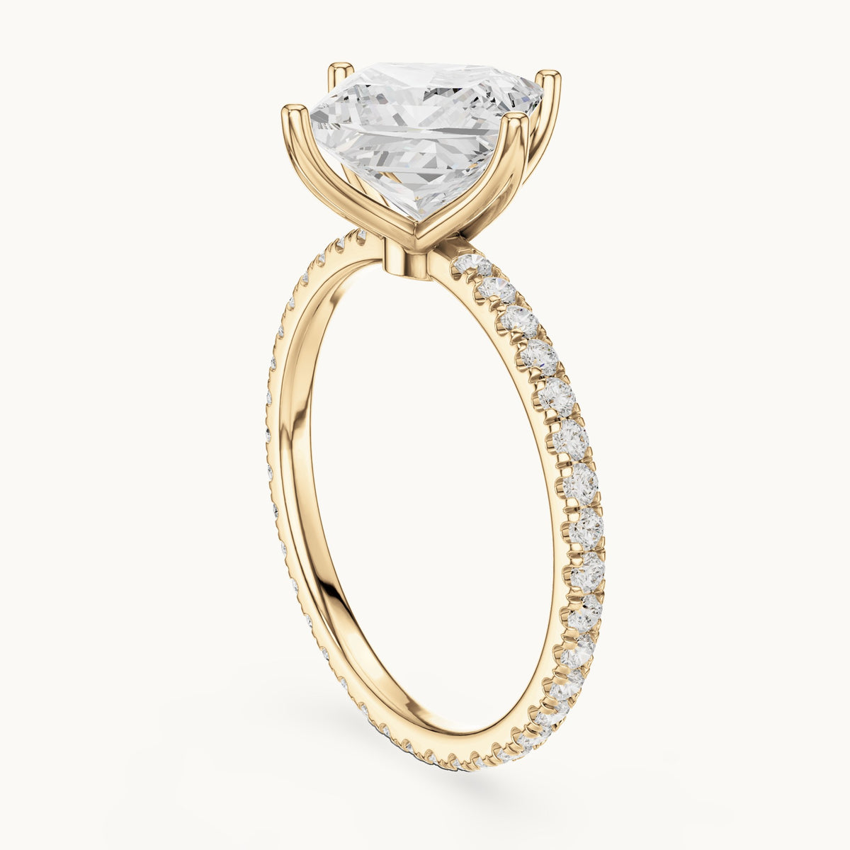 Princess-cut lab-grown diamond pavé band solitaire engagement ring in yellow gold, 2.944 CT TW, view 1