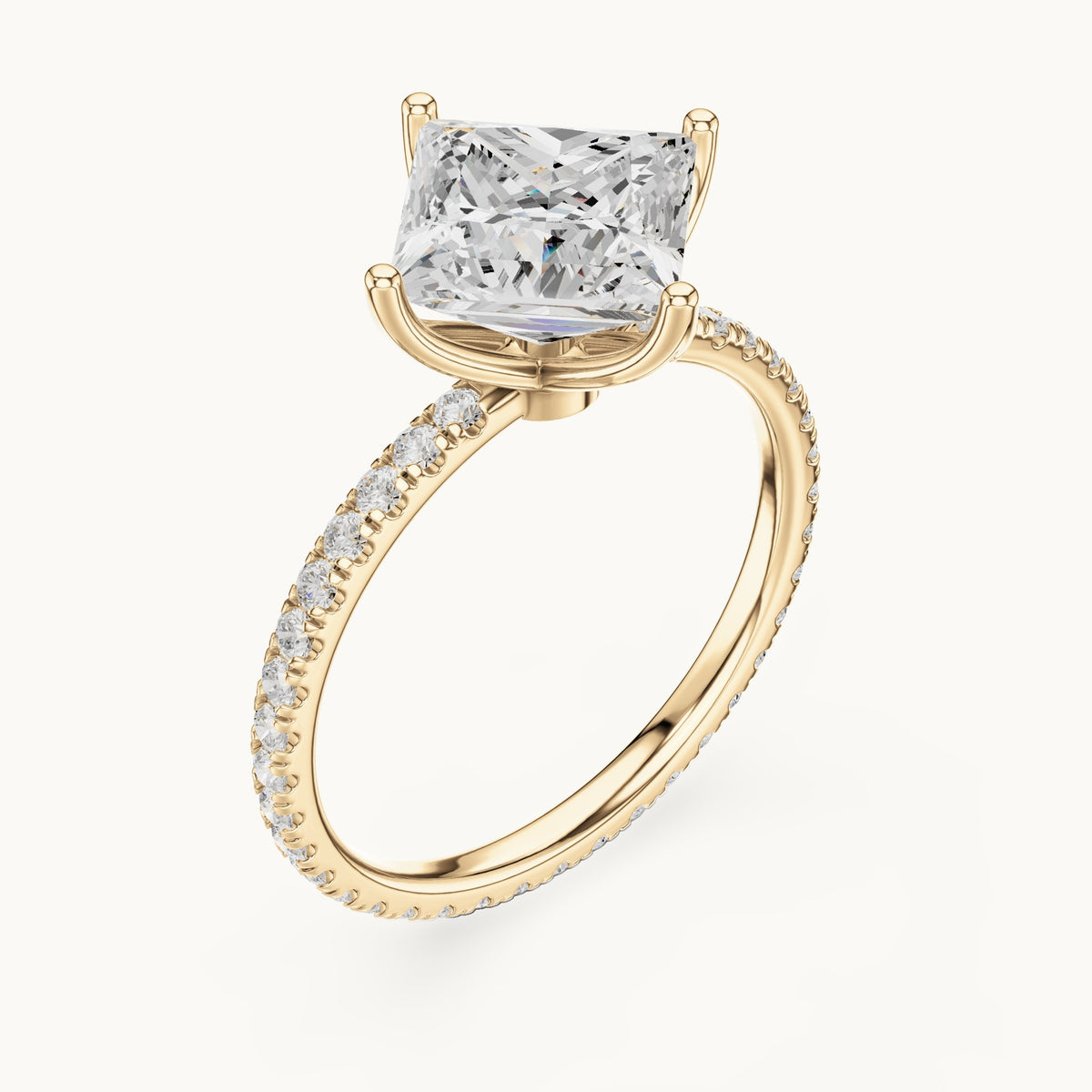 Princess-cut lab-grown diamond pavé band solitaire engagement ring in yellow gold, 2.944 CT TW, view 2