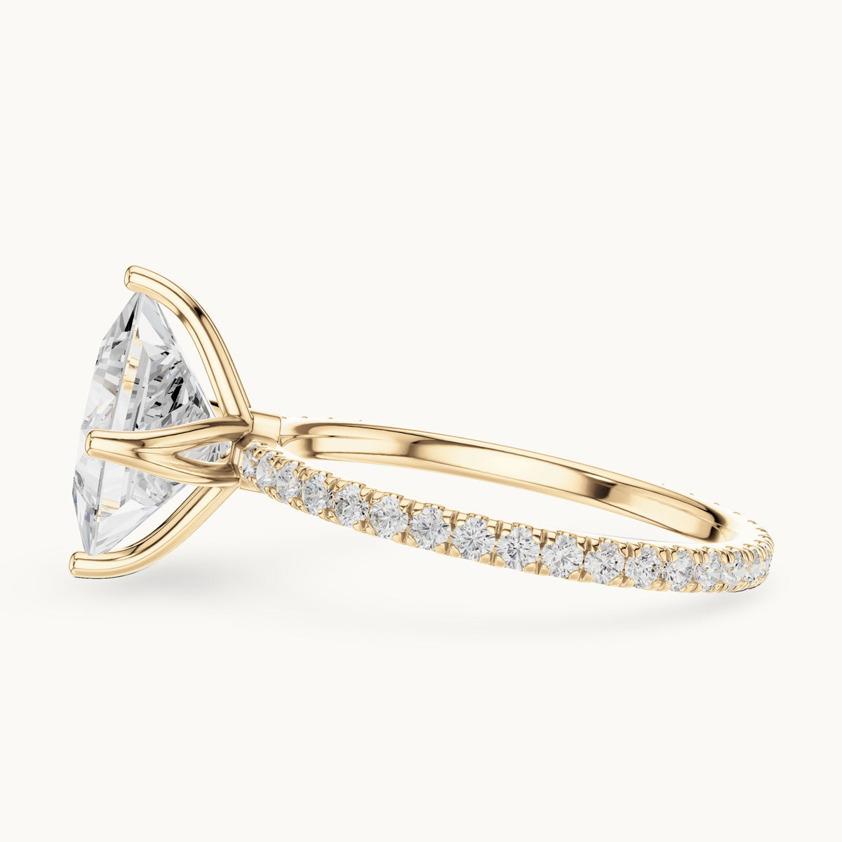 Princess-cut lab-grown diamond pavé band solitaire engagement ring in yellow gold, 2.944 CT TW, view 3