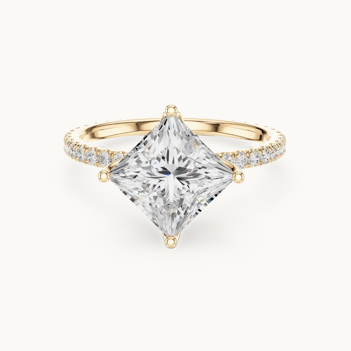 Princess-cut lab-grown diamond pavé band solitaire engagement ring in yellow gold, 2.944 CT TW, view 4