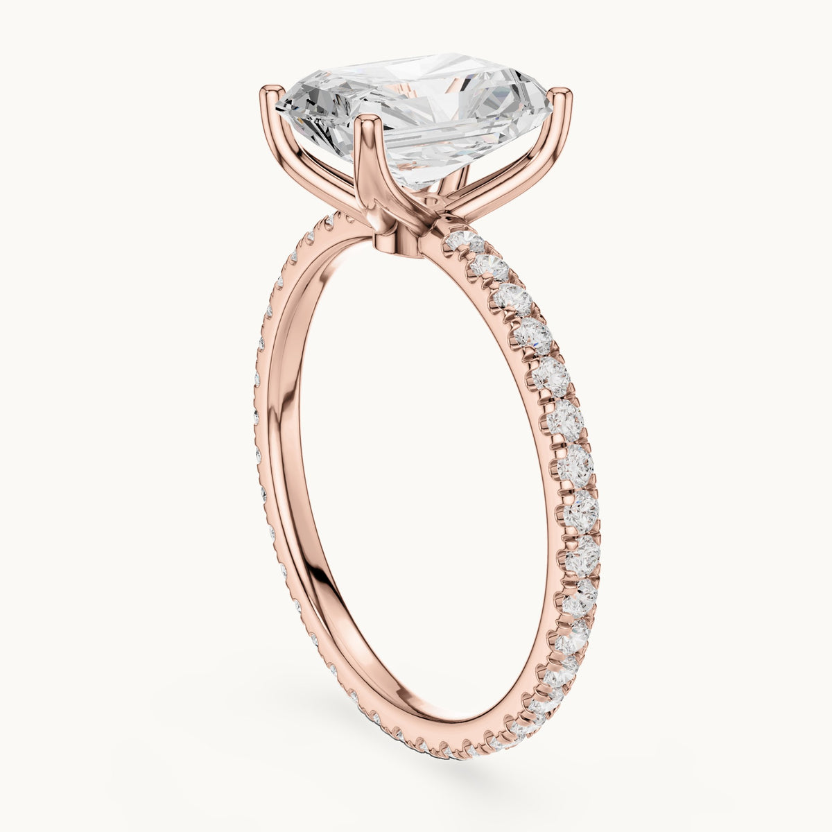 Radiant-cut lab-grown diamond pavé band solitaire engagement ring in rose gold, 2.944 CT TW, view 1