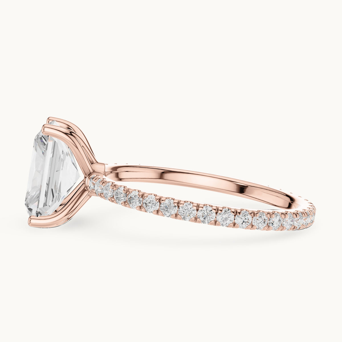 Radiant-cut lab-grown diamond pavé band solitaire engagement ring in rose gold, 2.944 CT TW, view 3