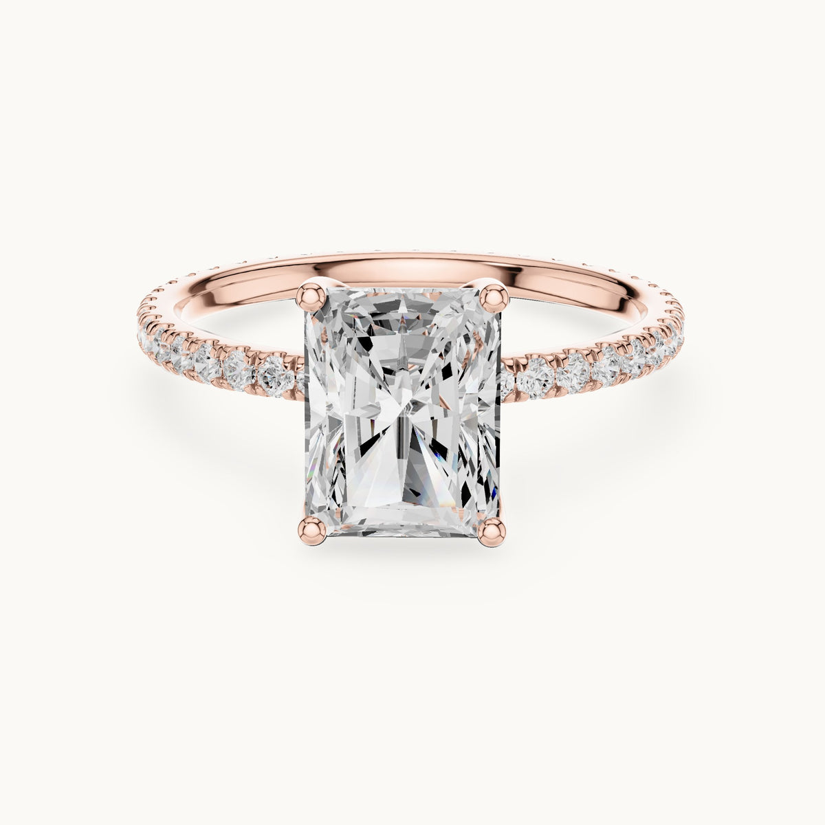 Radiant-cut lab-grown diamond pavé band solitaire engagement ring in rose gold, 2.944 CT TW, view 4