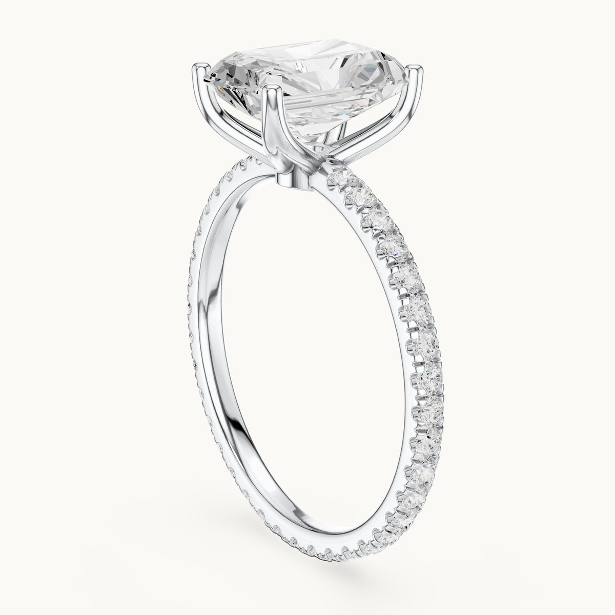 Radiant-cut lab-grown diamond pavé band solitaire engagement ring in white gold, 2.944 CT TW, view 1