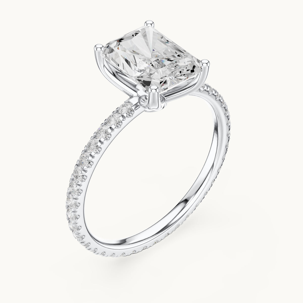 Radiant-cut lab-grown diamond pavé band solitaire engagement ring in white gold, 2.944 CT TW, view 2