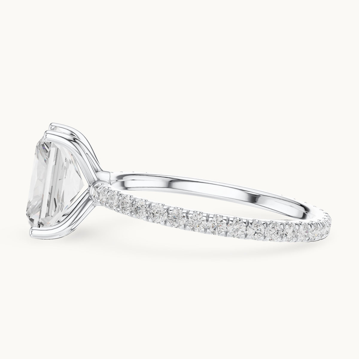 Radiant-cut lab-grown diamond pavé band solitaire engagement ring in white gold, 2.944 CT TW, view 3