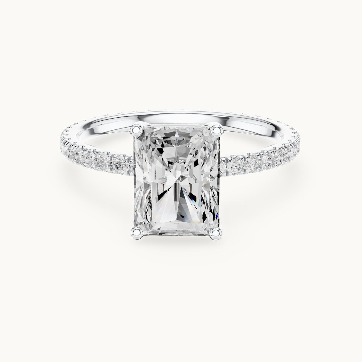 Radiant-cut lab-grown diamond pavé band solitaire engagement ring in white gold, 2.944 CT TW, view 4
