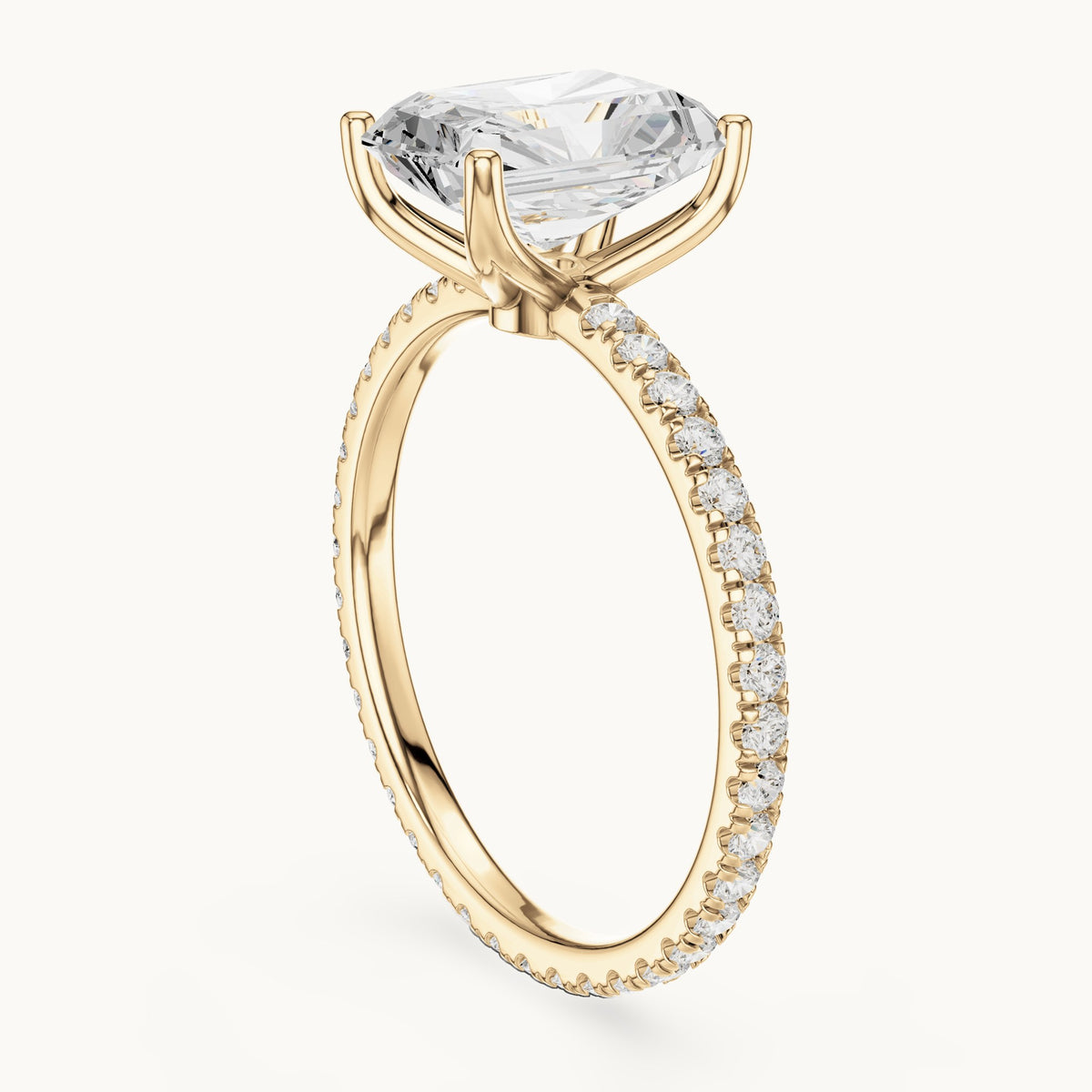 Radiant-cut lab-grown diamond pavé band solitaire engagement ring in yellow gold, 2.944 CT TW, view 1
