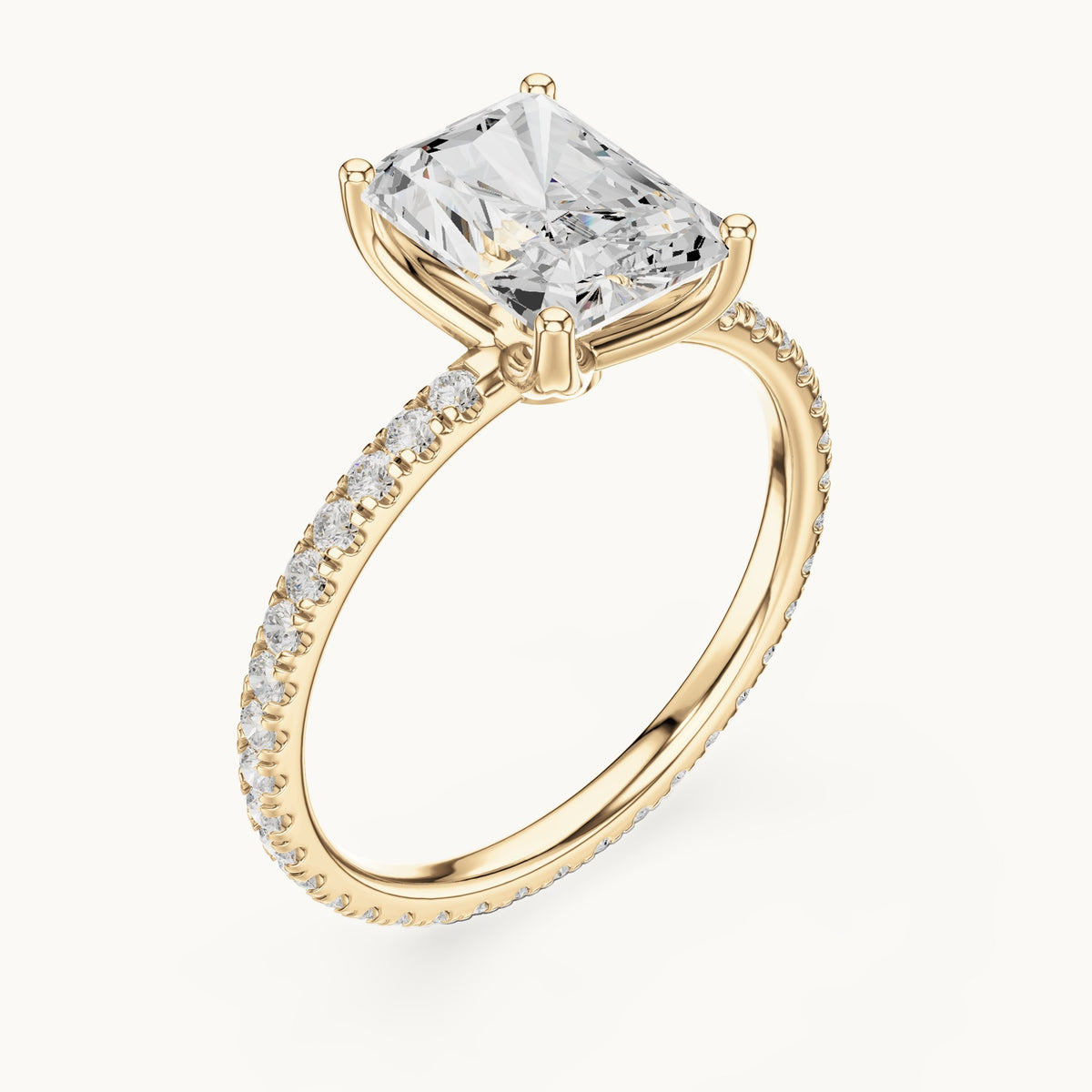Radiant-cut lab-grown diamond pavé band solitaire engagement ring in yellow gold, 2.944 CT TW, view 2