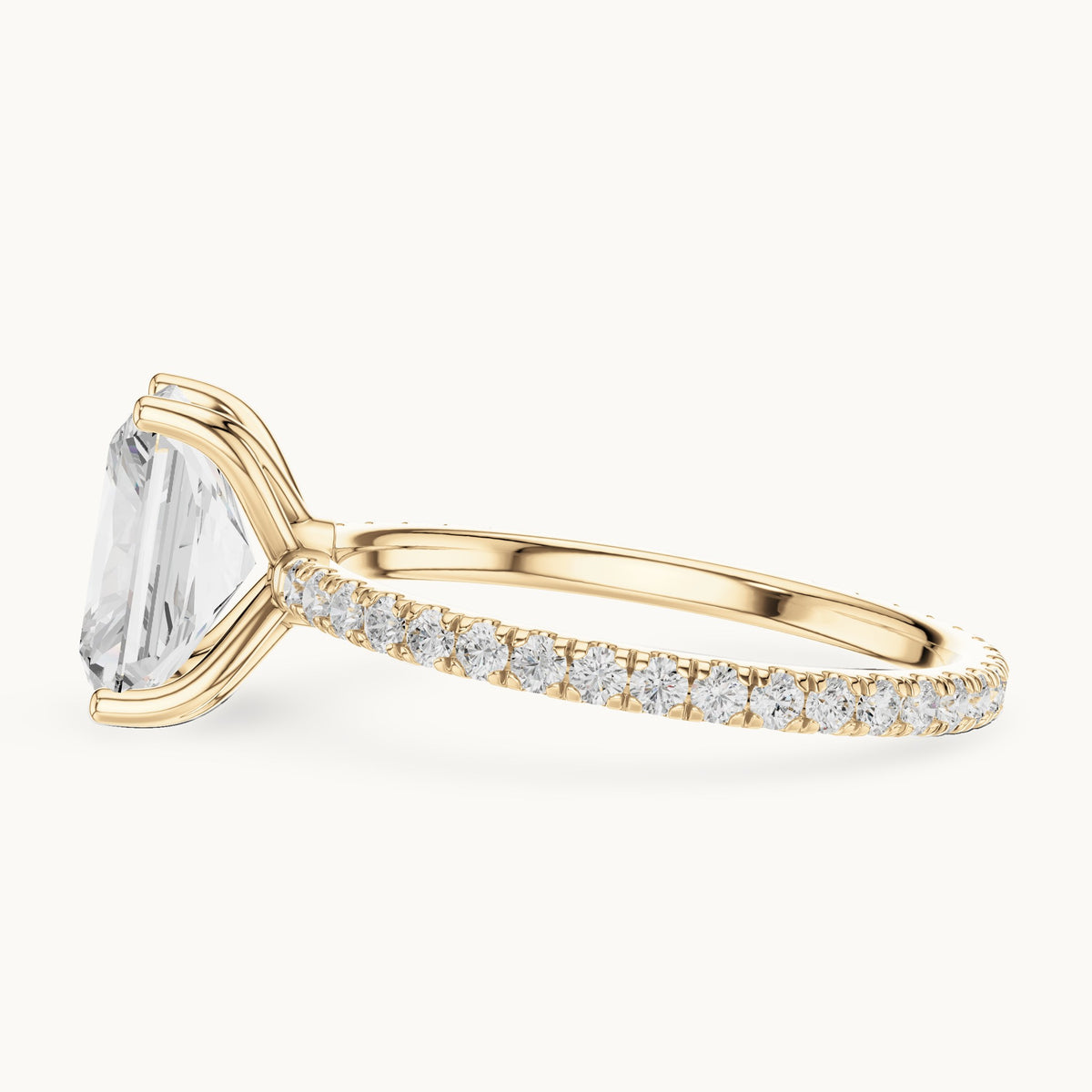 Radiant-cut lab-grown diamond pavé band solitaire engagement ring in yellow gold, 2.944 CT TW, view 3