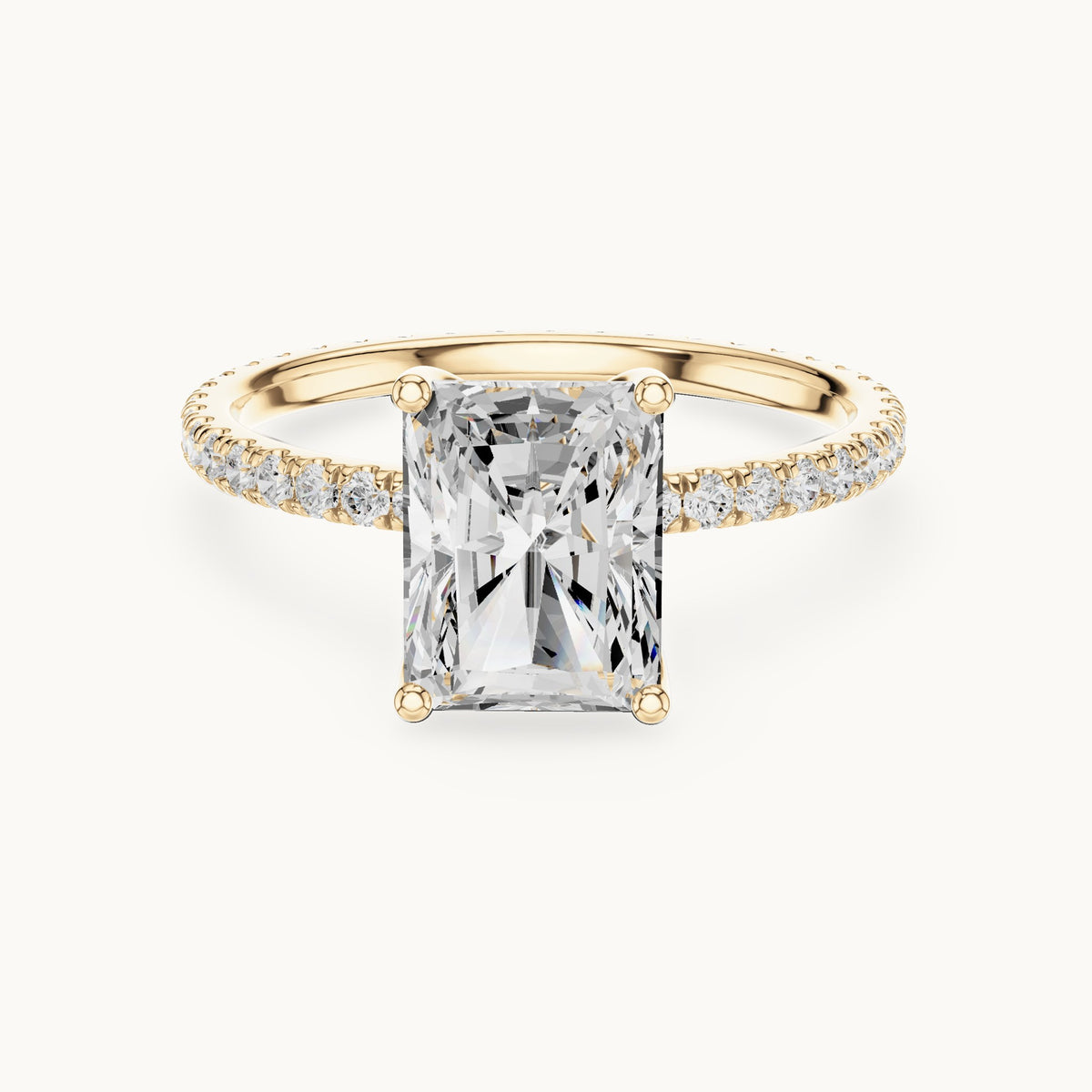 Radiant-cut lab-grown diamond pavé band solitaire engagement ring in yellow gold, 2.944 CT TW, view 4