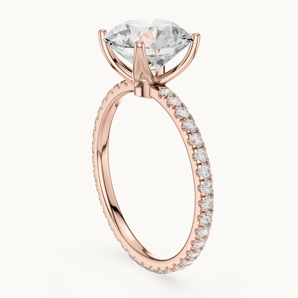 Round lab-grown diamond pavé band solitaire engagement ring in rose gold, 2.944 CT TW, view 1