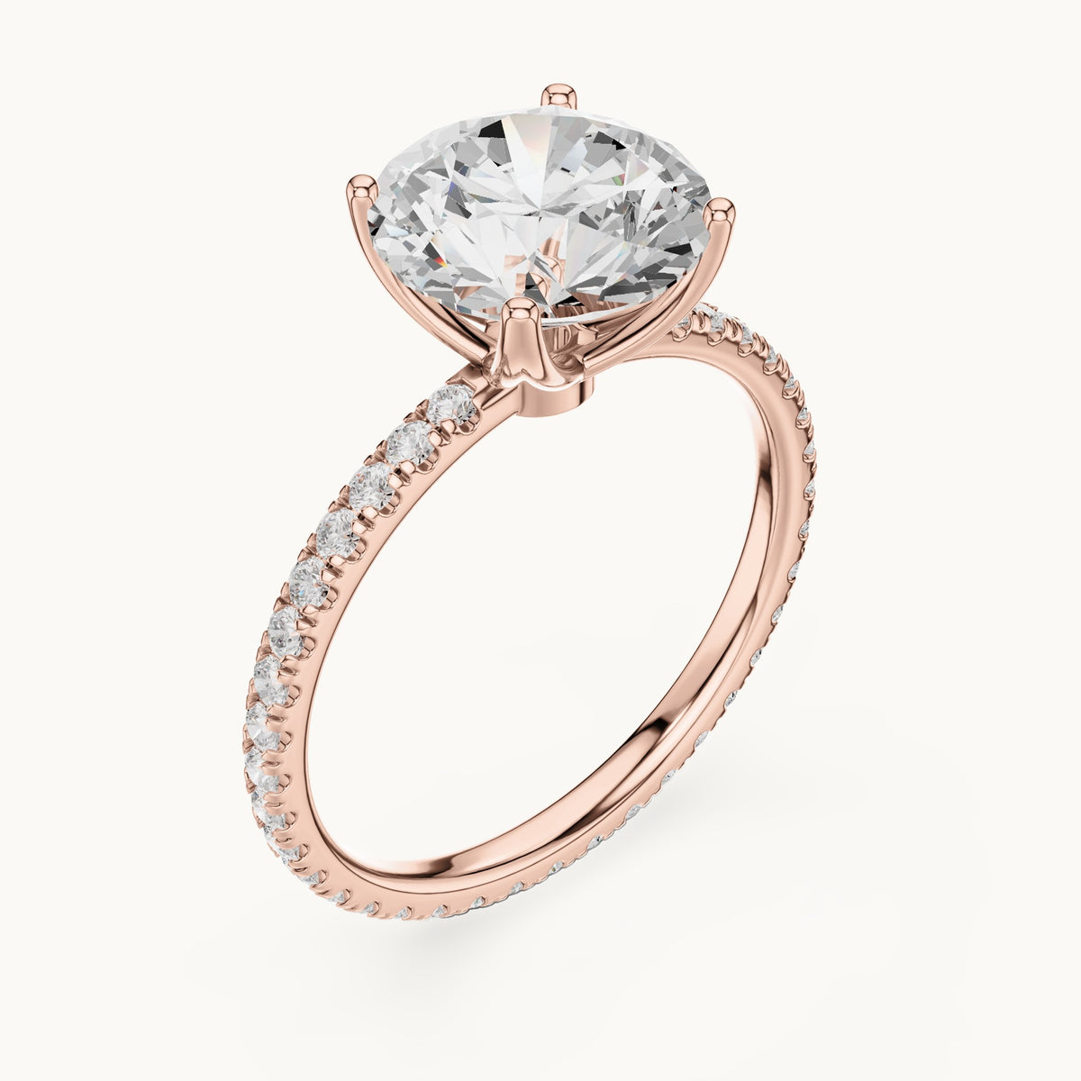 Round lab-grown diamond pavé band solitaire engagement ring in rose gold, 2.944 CT TW, view 2