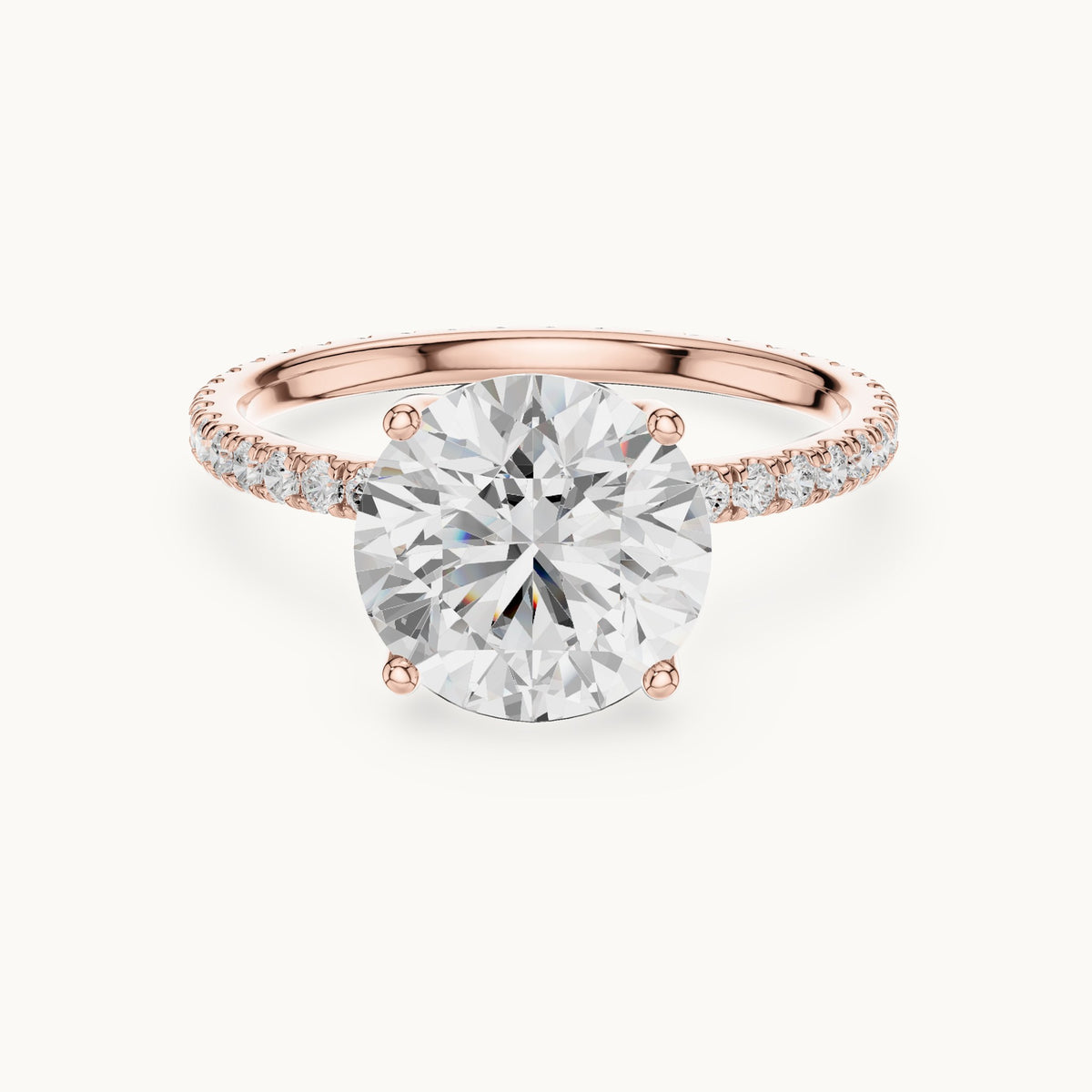Round lab-grown diamond pavé band solitaire engagement ring in rose gold, 2.944 CT TW, view 4