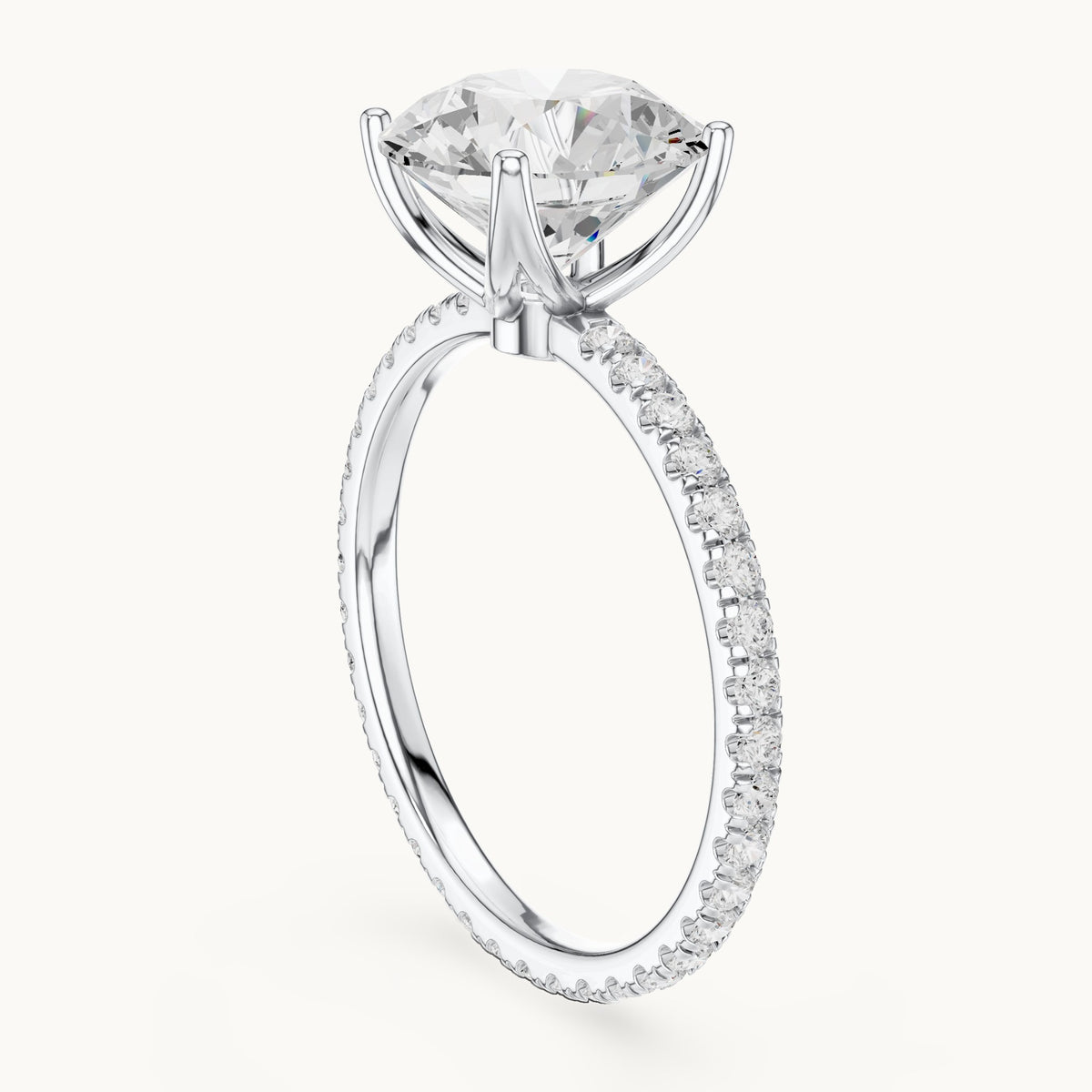 Round lab-grown diamond pavé band solitaire engagement ring in white gold, 2.944 CT TW, view 1