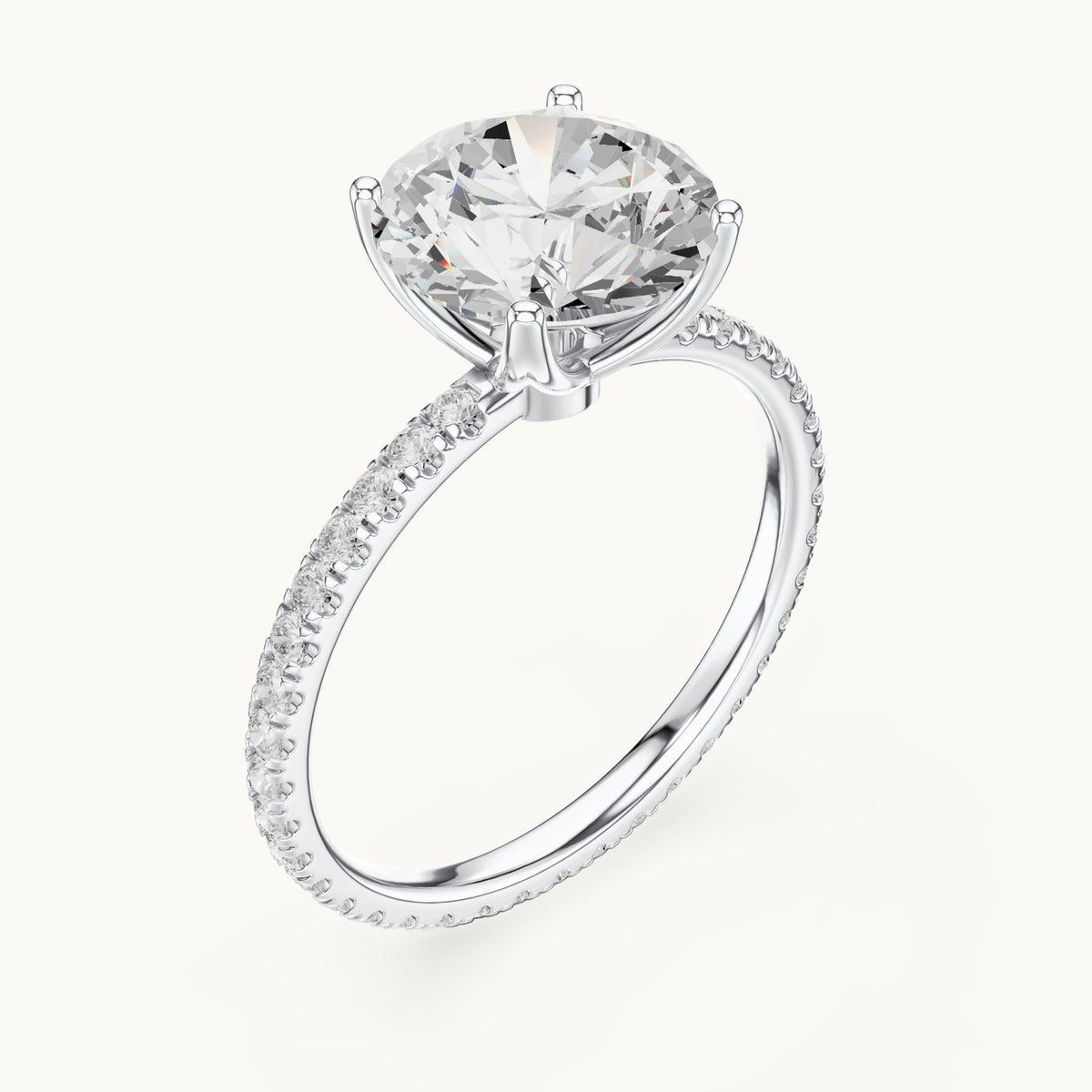 Round lab-grown diamond pavé band solitaire engagement ring in white gold, 2.944 CT TW, view 2