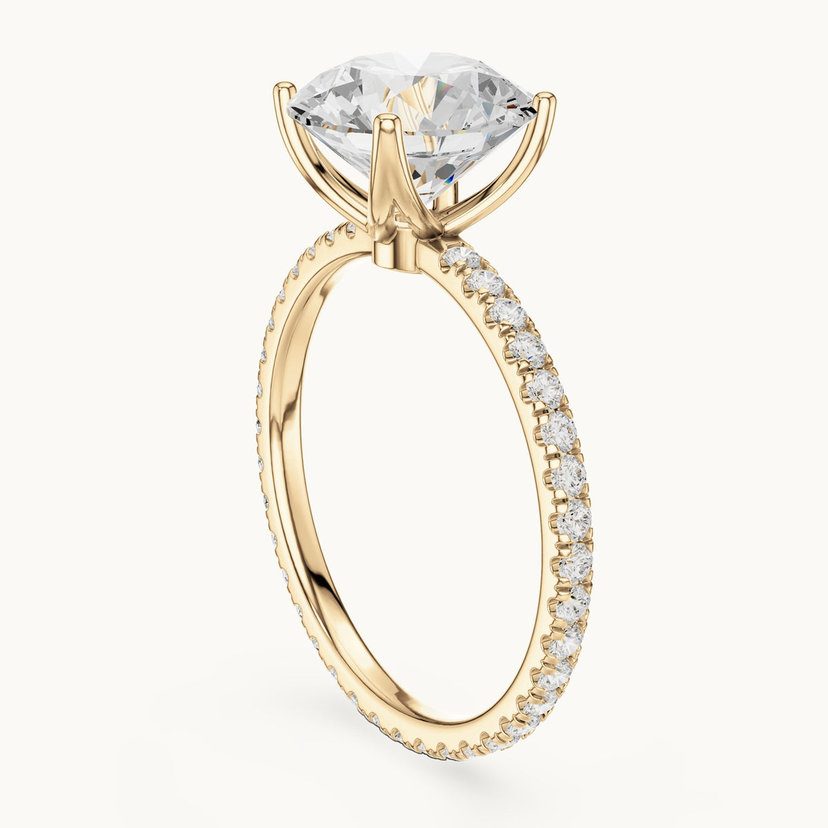 Round lab-grown diamond pavé band solitaire engagement ring in yellow gold, 2.944 CT TW, view 1