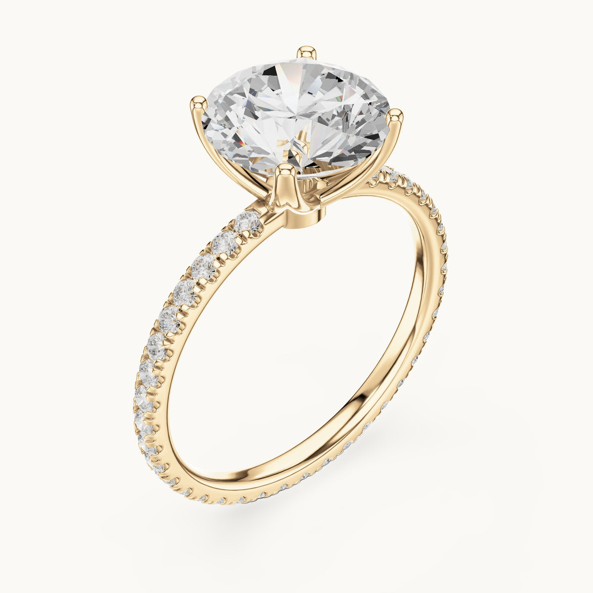 Round lab-grown diamond pavé band solitaire engagement ring in yellow gold, 2.944 CT TW, view 2