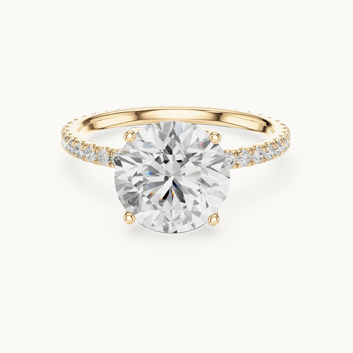 Round lab-grown diamond pavé band solitaire engagement ring in yellow gold, 2.944 CT TW, view 4
