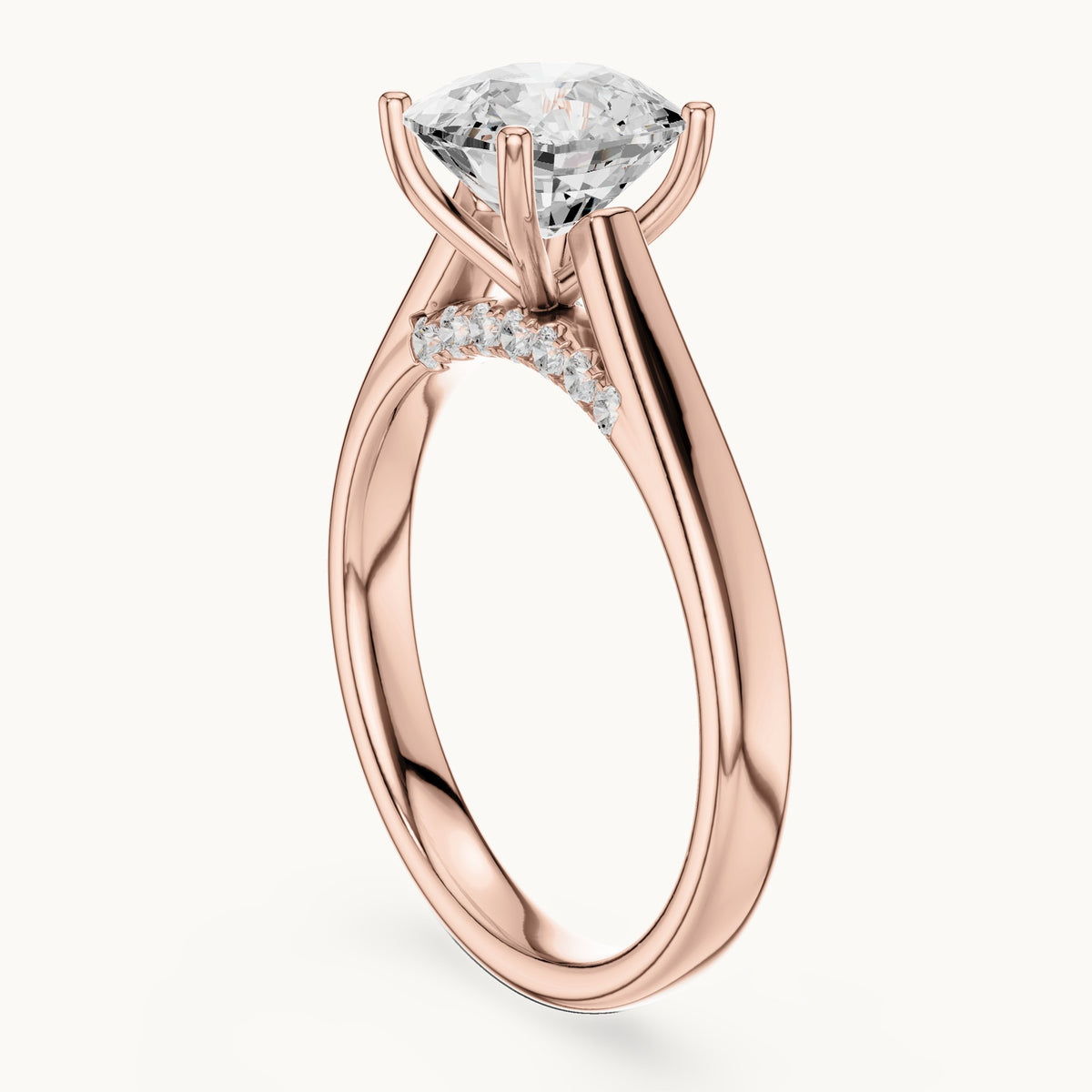 Cushion-cut lab-grown diamond cathedral solitaire engagement ring with hidden diamond accents in rose gold, 2.168 CT TW, view 1