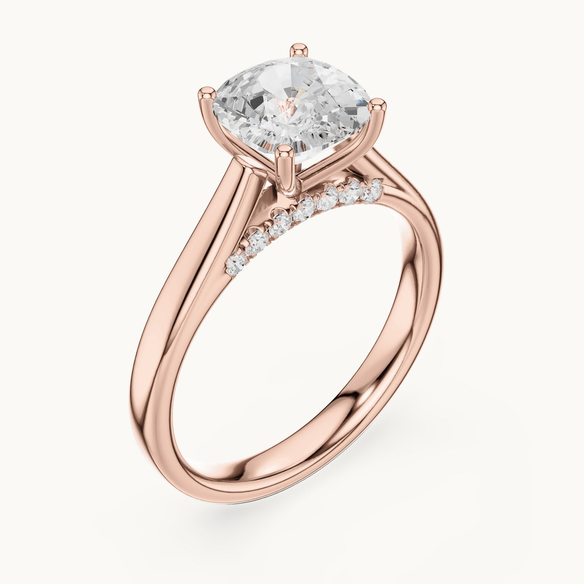 Cushion-cut lab-grown diamond cathedral solitaire engagement ring with hidden diamond accents in rose gold, 2.168 CT TW, view 2