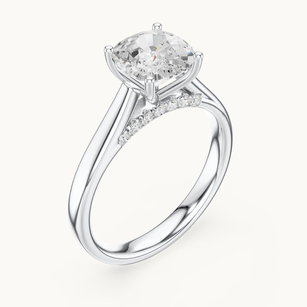 Cushion-cut lab-grown diamond cathedral solitaire engagement ring with hidden diamond accents in white gold, 2.168 CT TW, view 2