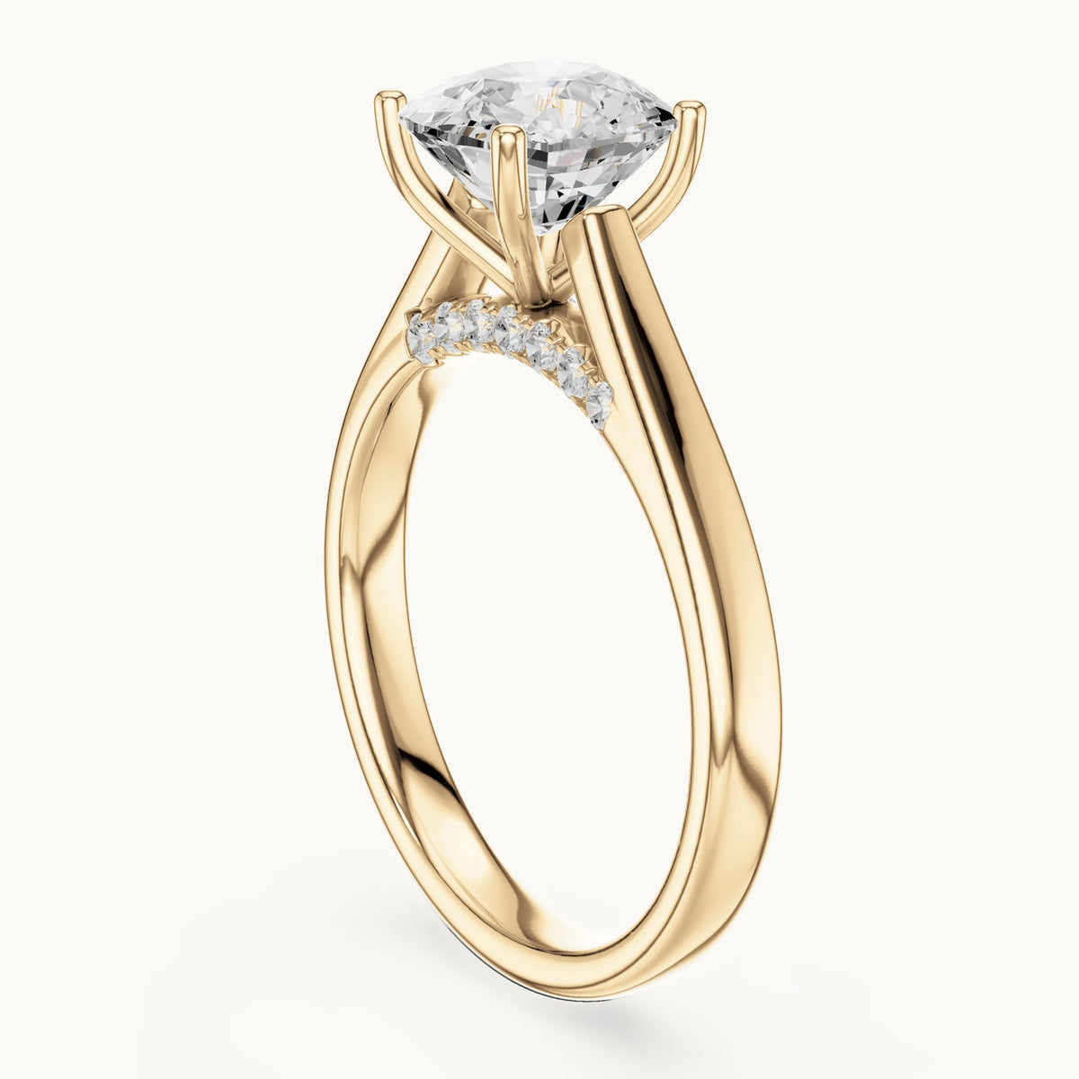 Cushion-cut lab-grown diamond cathedral solitaire engagement ring with hidden diamond accents in yellow gold, 2.168 CT TW, view 1
