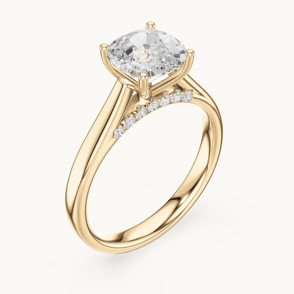 Cushion-cut lab-grown diamond cathedral solitaire engagement ring with hidden diamond accents in yellow gold, 2.168 CT TW, view 2