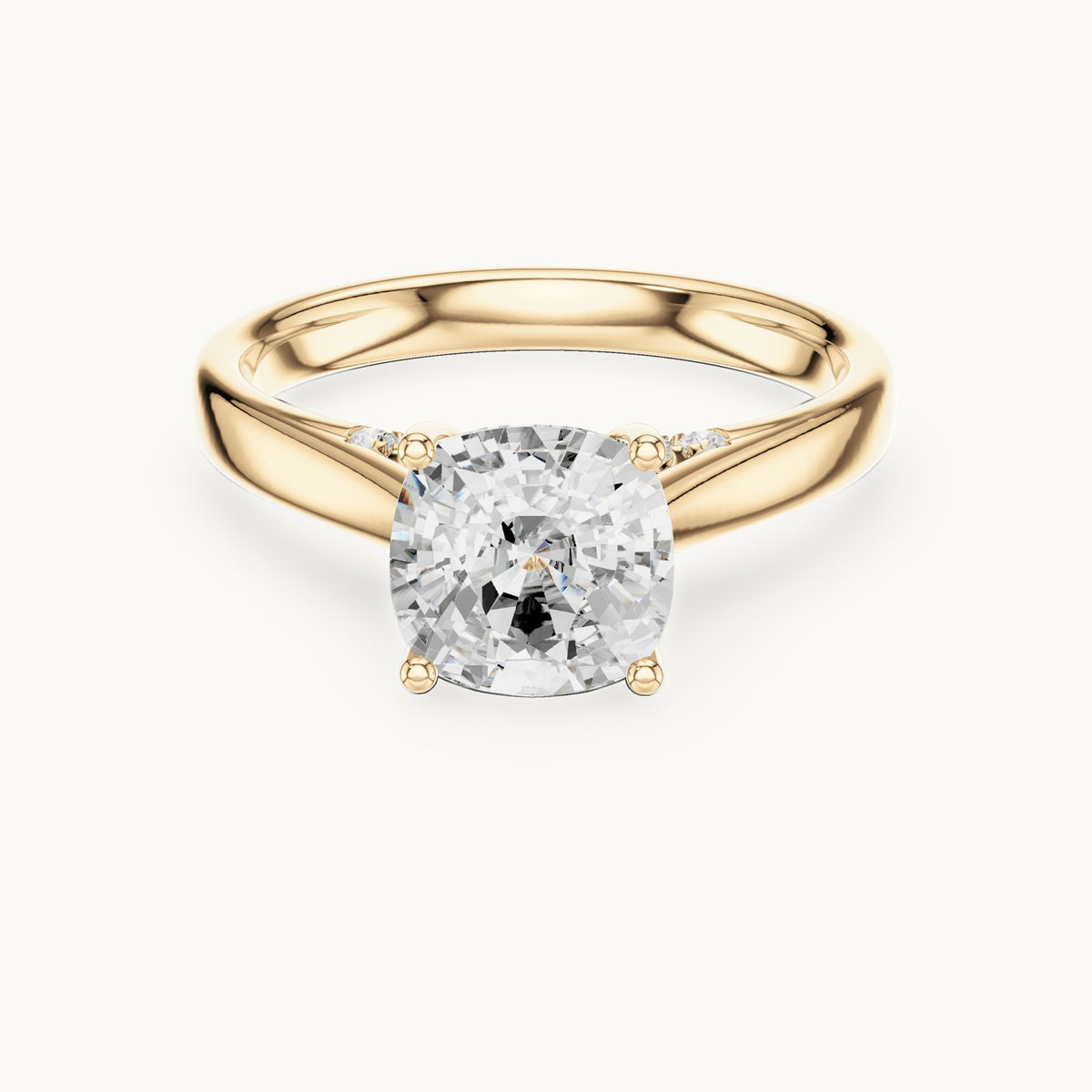 Cushion-cut lab-grown diamond cathedral solitaire engagement ring with hidden diamond accents in yellow gold, 2.168 CT TW, view 4