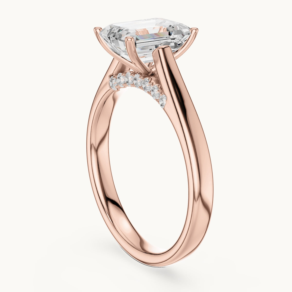 Emerald-cut lab-grown diamond cathedral solitaire engagement ring with hidden diamond accents in rose gold, 2.168 CT TW, view 1