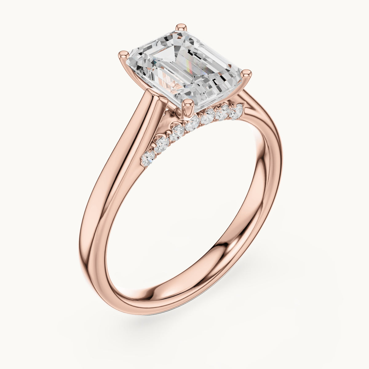Emerald-cut lab-grown diamond cathedral solitaire engagement ring with hidden diamond accents in rose gold, 2.168 CT TW, view 2