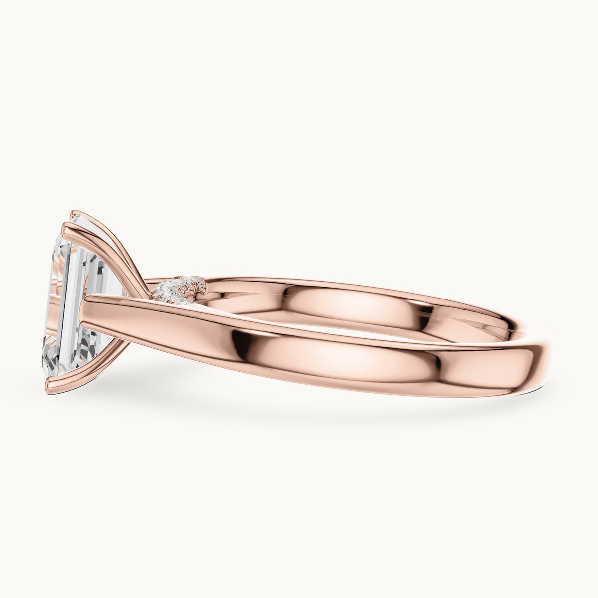 Emerald-cut lab-grown diamond cathedral solitaire engagement ring with hidden diamond accents in rose gold, 2.168 CT TW, view 3